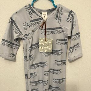 Kate Quinn blue canoe, button, long sleeve onesie